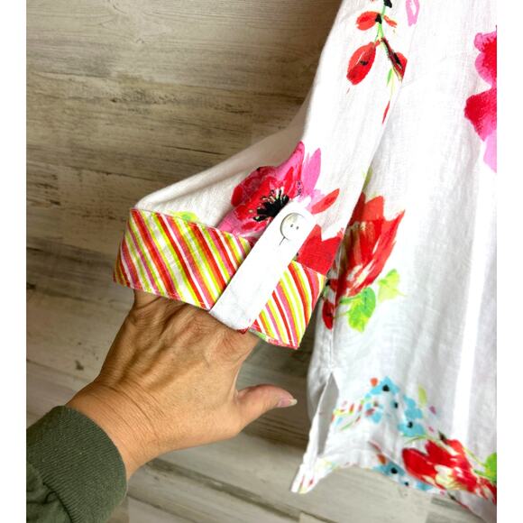 John Mark Womens plus 0X white linen floral tunic top blouse new roll cuff shirt - Picture 6 of 7